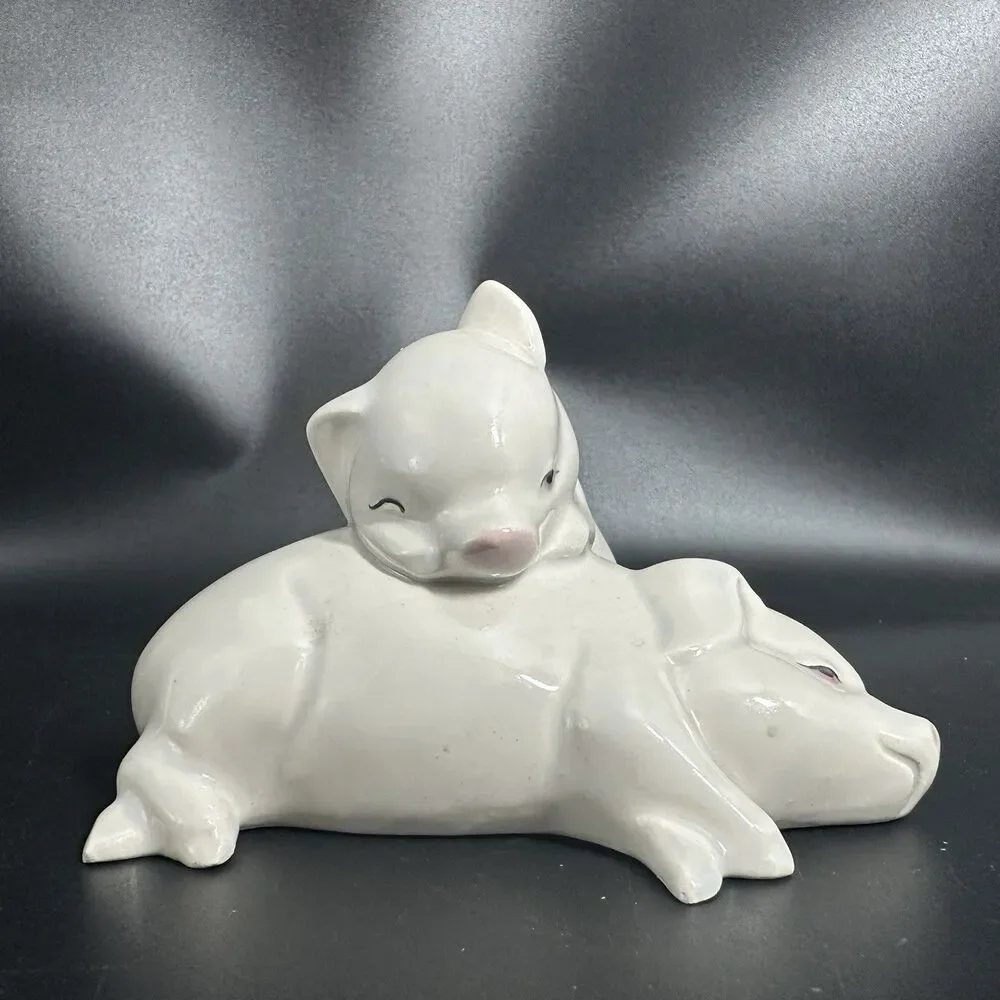 VTG USA Fine Porcelain Pig Figurine 6.25” Resting Pigs Mid Century Decor